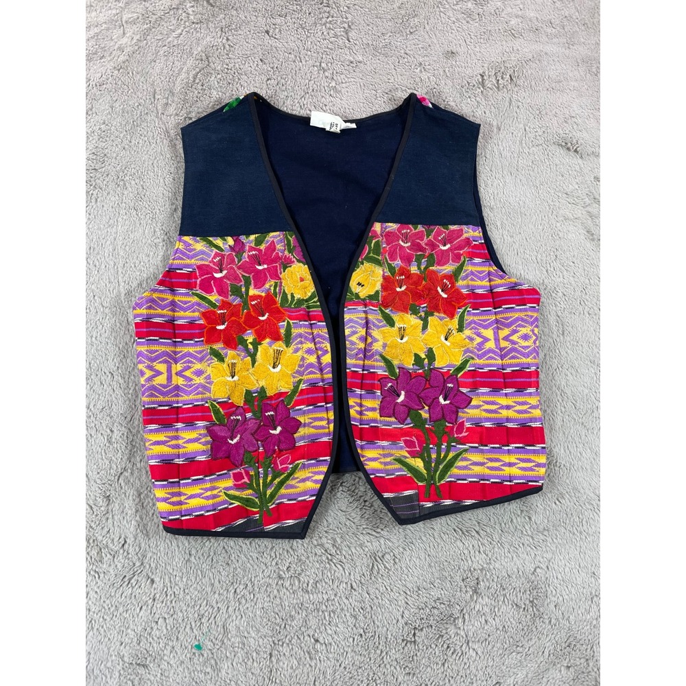 Accento Vintage Indigo Floral Hand Embroidered‎ Vest Guatemala Cottagecore XL